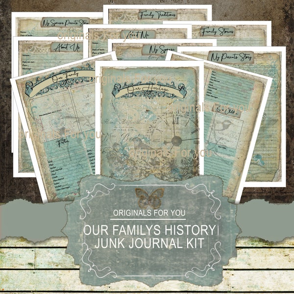 Family History, Junk Journal, Family Tree, Kit, Scrapbook, Genealogy, Story, Chart, Shabby, Printable, Digital Download, vintage