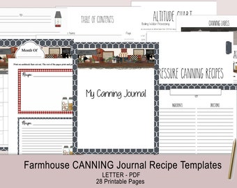 SALE- FARMHOUSE- "My Canning Journal"  recipe template for your favorite tried and true canning recipes, download. 8.5 x 11 large PDF