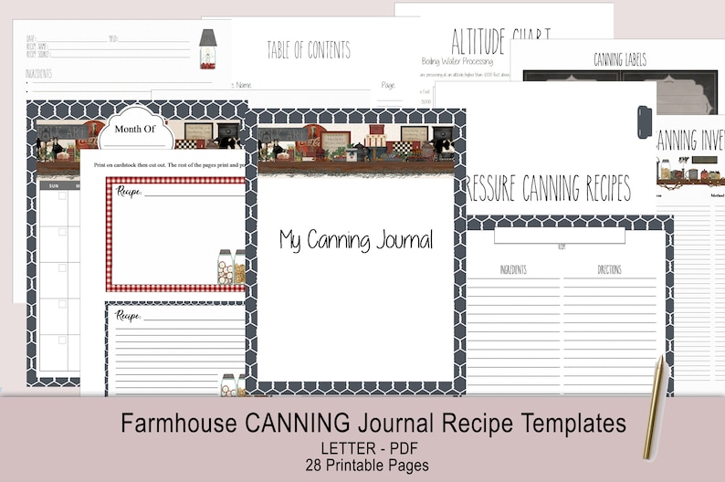 May include: Printable farmhouse canning journal recipe templates in black and white with a gray honeycomb pattern. The journal includes a table of contents, altitude chart, canning labels, and pressure canning recipes. The journal has a title page that says "My Canning Journal".