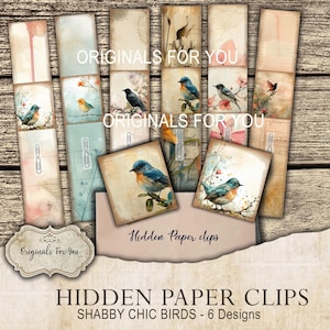 VERSTECKTE BÜROKLAMMERN für Junk Journals, Papiere und Bücher, "Verwendet für Junk Journals, ""Shabby Chic Vögel"" für Lesezeichen oder Tabs."