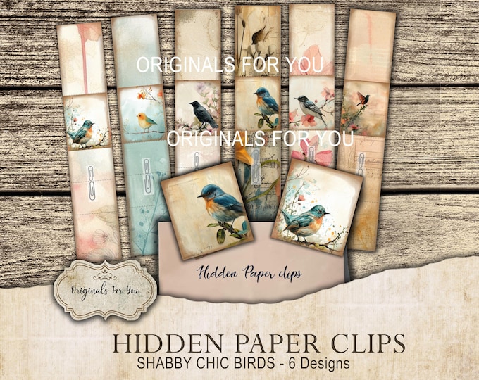 HIDDEN PAPER CLIPS for Junk Journals, papers and Books, "Shabby Chic Birds" use for book markers or tabs