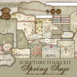 May include: A collection of paper ephemera with a vintage aesthetic. The kit includes tags, pockets, and decorative elements with floral and script designs. The color palette features soft greens, creams, and pinks, with text that reads "Peace", "Faith", and "Spring Sage".