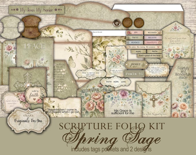 Vintage SCRIPTURE Folio Kit - Spring Sage- junk Journal Papers, Shabby, Printable, Digital Download