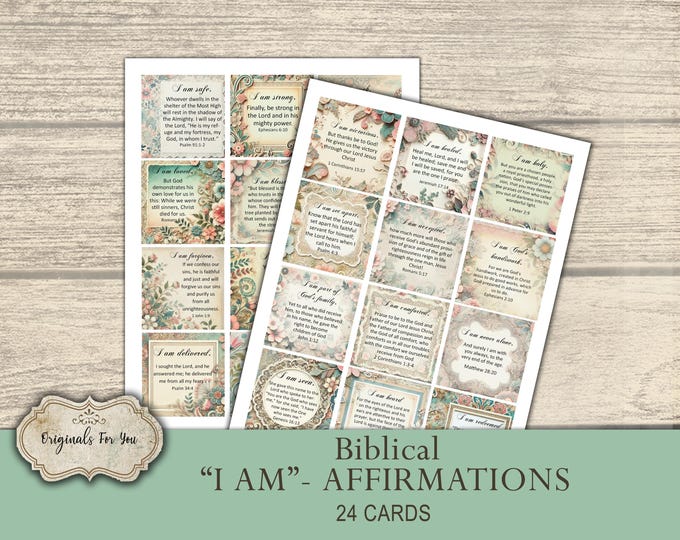 Biblical "I AM" AFFIRMATIONS - Printable Bible Verse cards, Collage Sheet, Digital Download, Printable Cards