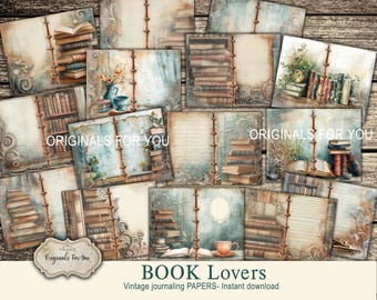 Vintage "BOOK LOVERS" junk journal papers, shabby chic, Collage Sheet, Digital Download, Printable, Books