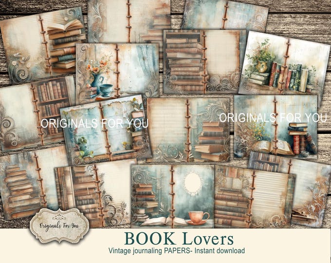 Vintage "BOOK LOVERS" junk journal papers, shabby chic, Collage Sheet, Digital Download, Printable, Books