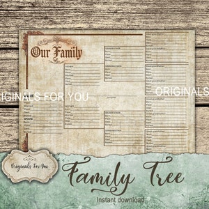 May include: Printable family tree chart with a vintage aesthetic. The chart has spaces to fill in names, dates, and places of birth, death, and burial for multiple generations. The text "Our Family" is at the top of the chart, and the text "Family Tree" is at the bottom of the chart.