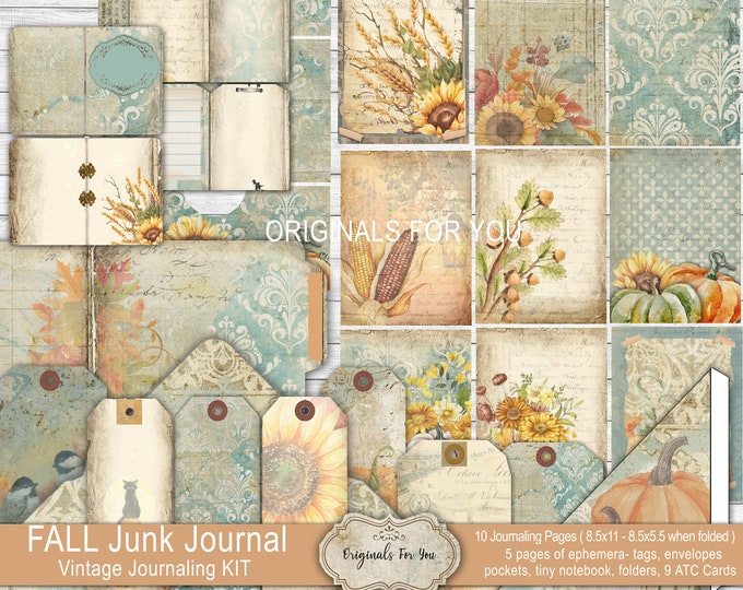 FALL, Autumn, Junk Journal Kit, pumpkins, Ephemera, Scrapbook, Printable, Vintage, Digital, Download