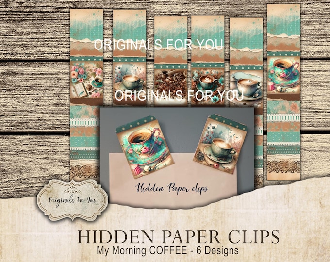 HIDDEN PAPER CLIPS for Junk Journals, papers and Books, "My Morning Coffee" use for book markers or tabs