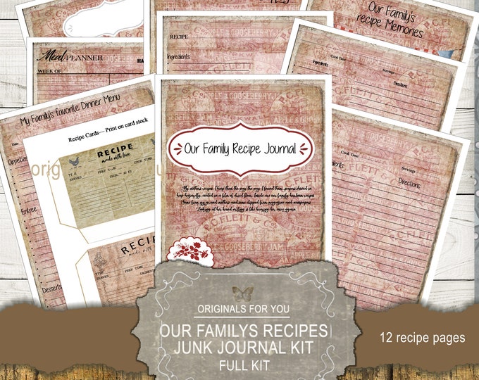 Vintage Apple Recipe Journal Kit, Tea stained, Printable Pages, Junk Journal Printable, Vintage Kitchen Journal, Retro Kitchen Journal