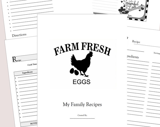 Farmhouse Farm Fresh Eggs, Blank Recipe Notebook, Large 8.5x11" Recipe book