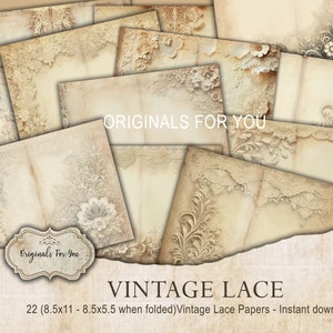 May include: A set of 22 vintage lace papers, each measuring 8.5 inches by 11 inches, with a delicate lace design in shades of beige and cream. The papers can be folded to create smaller 8.5 inch by 5.5 inch pieces.