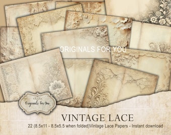 Pode incluir: Um conjunto de 22 papéis de renda vintage, cada um medindo 21,6 cm por 27,9 cm, com um delicado design de renda em tons bege e creme. Os papéis podem ser dobrados para criar peças menores de 21,6 cm por 14 cm.
