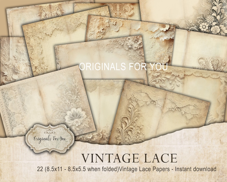 Op de afbeelding: Een set van 22 vintage kantpapieren, elk met een afmeting van 21,6 cm bij 27,9 cm, met een delicaat kantontwerp in beige en cr&egrave;me tinten. De papieren kunnen worden gevouwen om kleinere stukken van 21,6 cm bij 14 cm te maken.