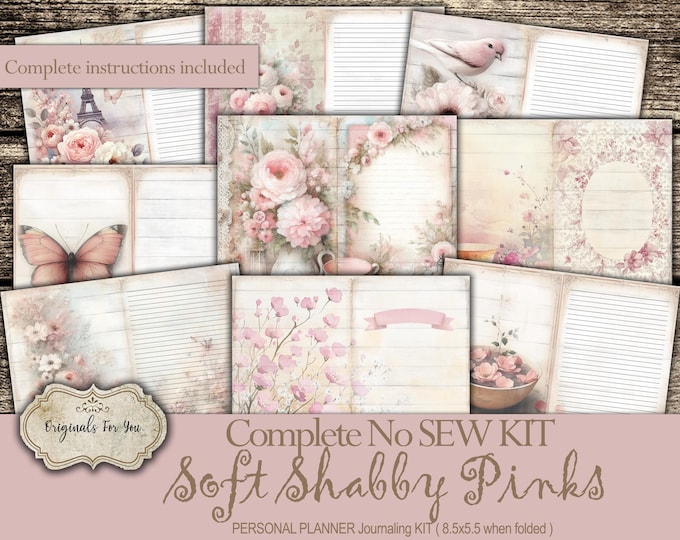 NO SEW KIT- Soft Shabby Pinks- Junk Journal- Printable Personal Planner, Planner, Journal Planner, Personal Organizer, Personal Notebook