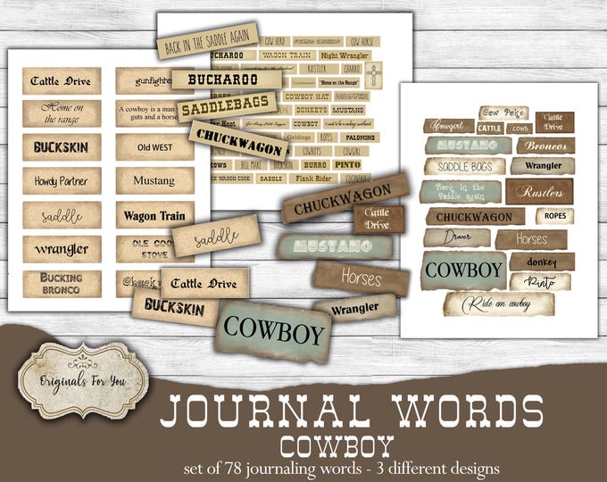 COWBOY JOURNALING WORDS, Embellishments for Junk Journals, Printable Junk Journaling Words, Ephemera, Equestrian, Junk Journal Words
