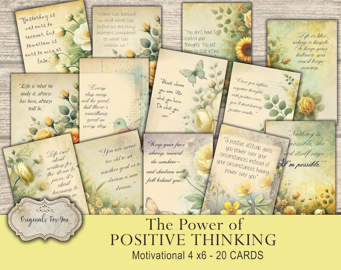 Yellow FLORAL Printable cards on "POSITIVE THINKING", Collage Sheet, Digital Download, Printable Cards