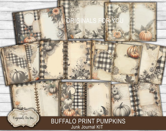 BUFFALO PRINT Pumpkins -Beautiful vintage, FULL buffalo print and beautiful orange pumpkins journaling kit, ephemera for your scrapbooking