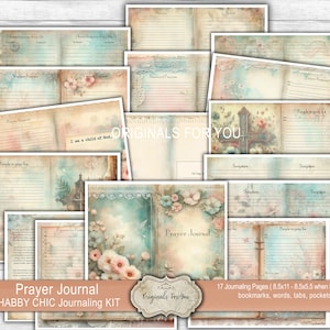 SHABBY CHIC クリスチャン祈りジャーナルキット、コラージュシート、デジタルダウンロード、印刷可能、聖書の一節、祈り、聖書、ブックマーク、ポケット