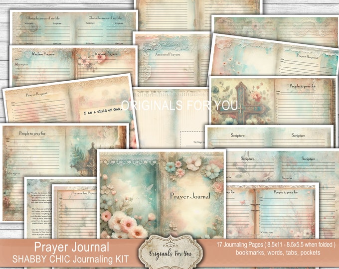 SHABBY CHIC Christian Prayer Journal kit, Collage Sheet, Digital Download, Printable, Bible Verses, Prayer, Bible, bookmarks, pockets