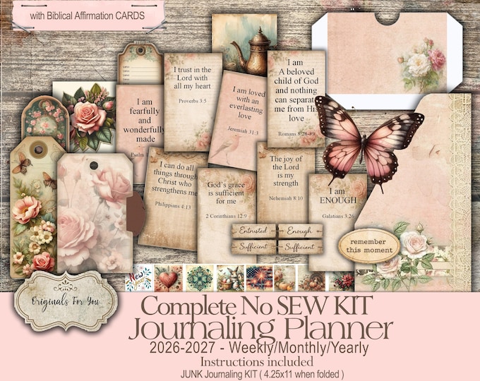 Skinny Vintage "SHABBY ROSES" Personal Calendar Planner, Vintage, Printable, Digital Download, 2026-2027