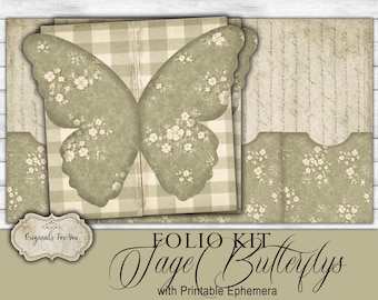 Folio Kit - SAGE BUTTERFLYS- junk Journal Papers, Shabby, Printable, Digital Download
