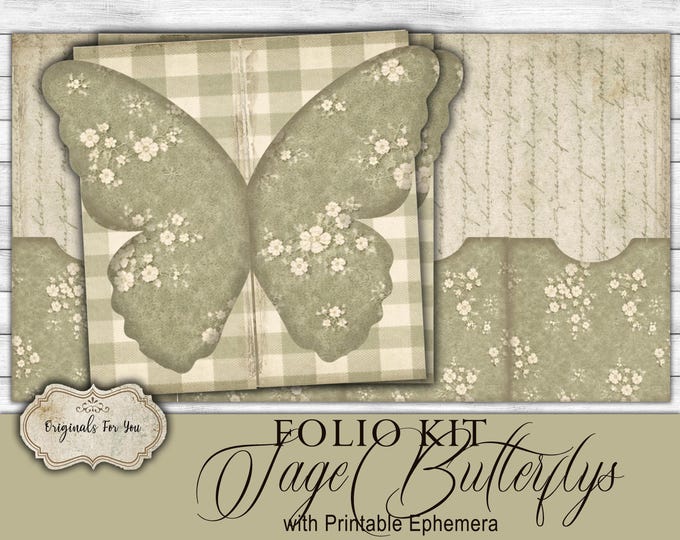 Folio Kit - SAGE BUTTERFLYS- junk Journal Papers, Shabby, Printable, Digital Download