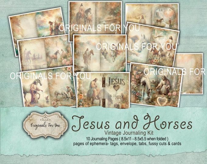 SHABBY CHIC Vintage Junk Journal KIT "Jesus & Horses", Printable, Digital Download, old vintage paper, digital collage sheet, scrapbooking.