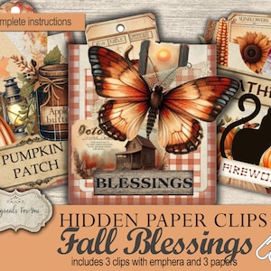 Pode incluir: Uma coleção de clipes de papel com tema de outono com elementos decorativos. A imagem apresenta uma grande borboleta, abóboras e o texto "Fall Blessings". Inclui 3 clipes com efêmeras e 3 papéis. A paleta de cores inclui laranja, marrom e creme.