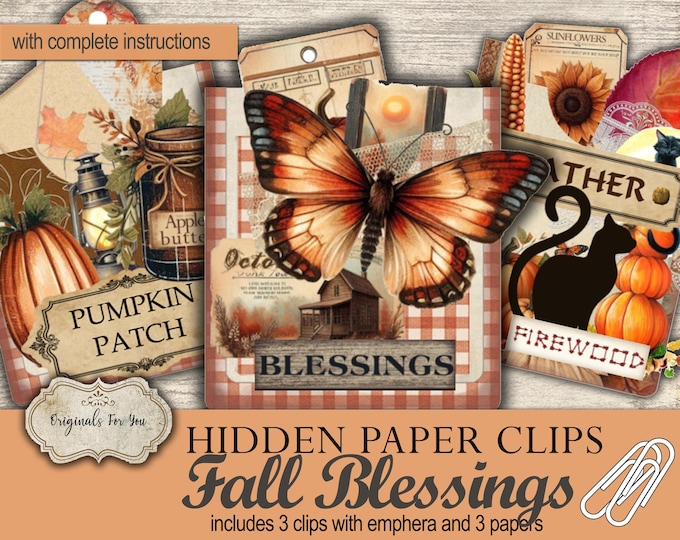 HIDDEN PAPER CLIPS for Junk Journals, papers and Books, "Fall Blessings" use for book markers or tabs