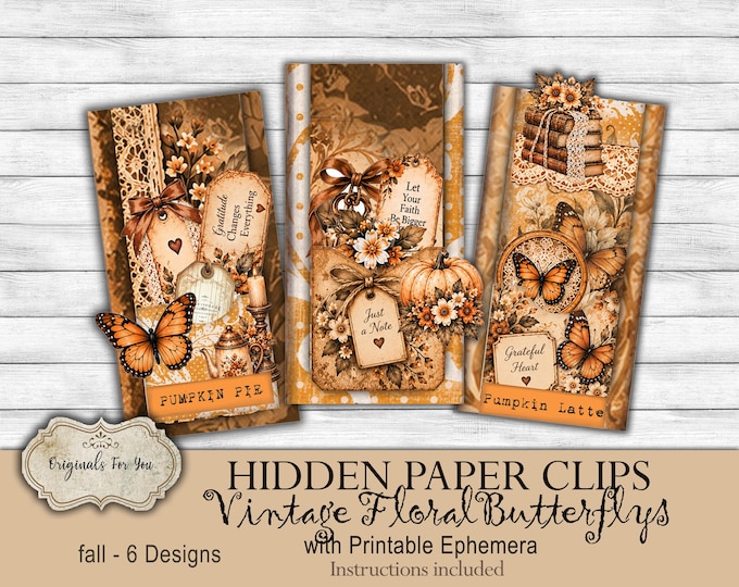 Hidden Paperclips Kit- Vintage Floral Butterfly's- OriginalsForYou- Printable Digital Download- for large clips