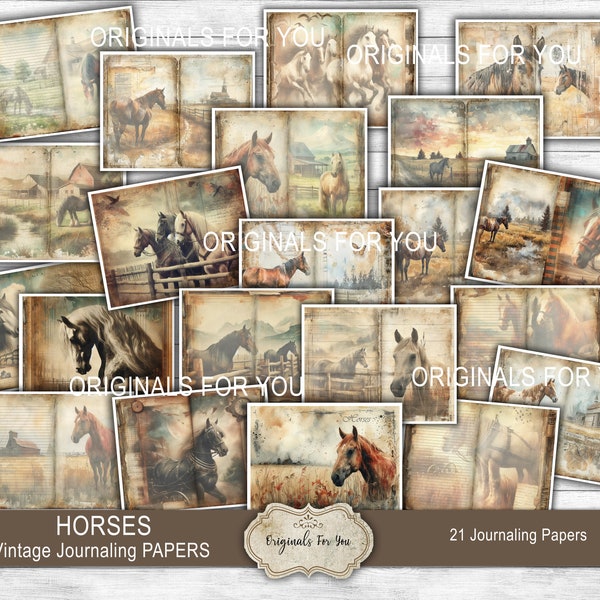 HORSES beautiful vintage watercolor Junk Journaling Papers, equestrian, Horse Ephemera, Digital Download, Junk Journal, Western