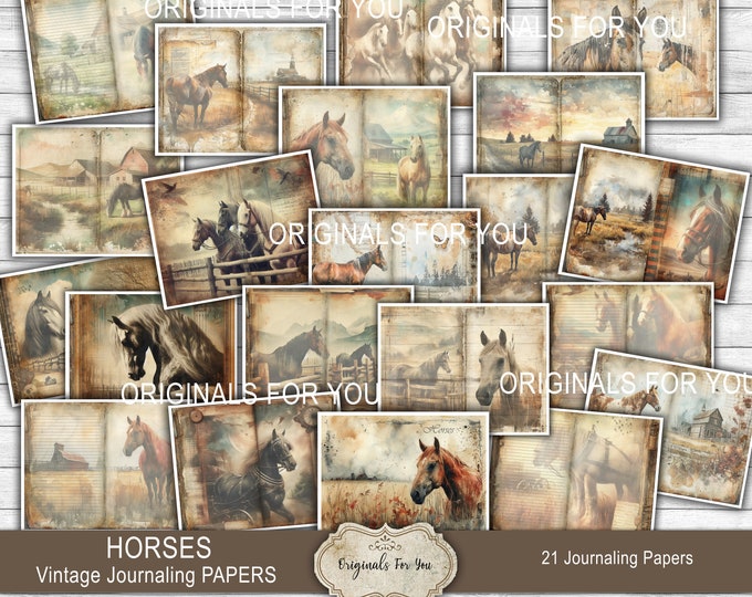 HORSES beautiful vintage watercolor Junk Journaling Papers, equestrian, Horse Ephemera, Digital Download, Junk Journal, Western