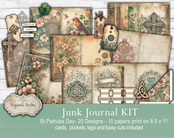Shabby Chic Celtic St Patrick's Day junk journal KIT - Vintage, Digital Download, Printable
