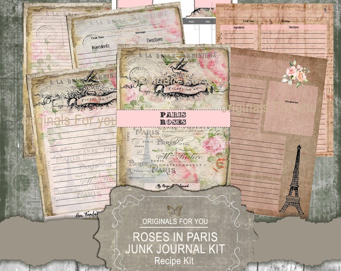 Vintage Roses. Junk Journaling, Tea stained,  Family Cookbook Junk Journal Kit - Printable.
