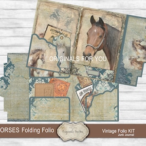 Journal de poche in-folio chargé numériquement chevaux vintage avec onglets de cartes in-folio kit créatif in-folio pliant équestre mini-projet in-folio pliant.