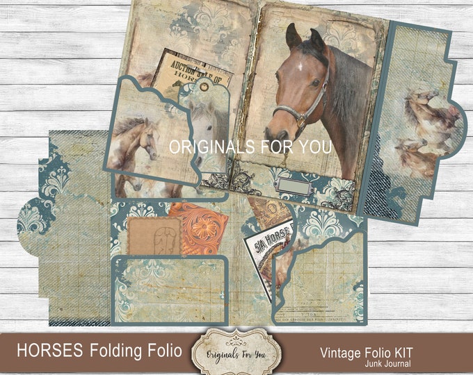 Vintage horses digital loaded folio pocket journal with cards tags tabs folding folio craft kit equestrian Folding folio mini project.