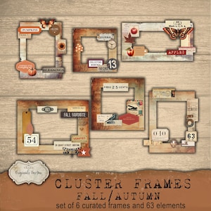 May include: A collection of six decorative cluster frames with autumn-themed embellishments. The frames feature vintage-style designs with elements like pumpkins, apples, butterflies, and the text "FALL/AUTUMN".