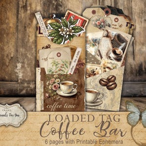 May include: A vintage-style collage featuring coffee-themed ephemera. The design includes coffee cups, coffee beans, floral elements, and the text "Coffee Bar." The collage is set against a rustic wooden background.