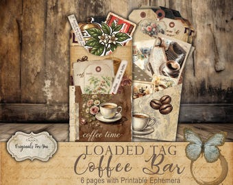 Loaded Pocket Tag, "COFFEE BAR", Vintage Rustic Cafe Ephemera,  Digital download, Junk Journal