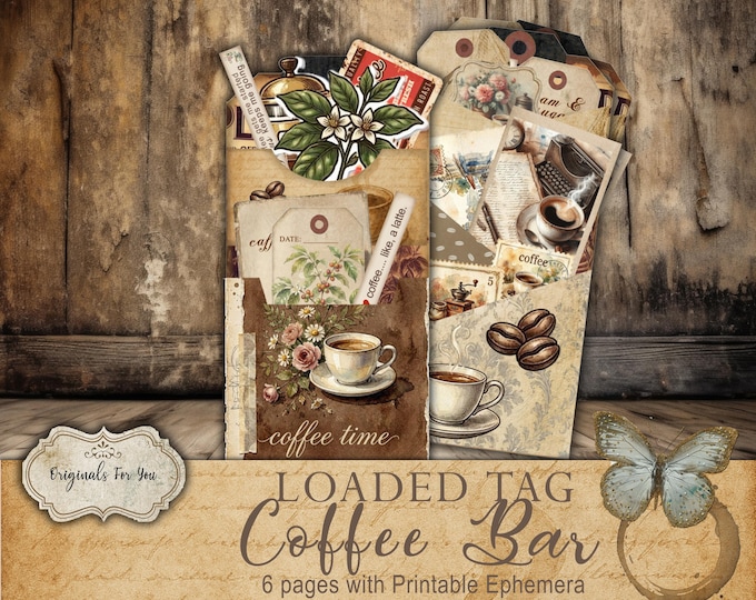 Loaded Pocket Tag, "COFFEE BAR", Vintage Rustic Cafe Ephemera,  Digital download, Junk Journal