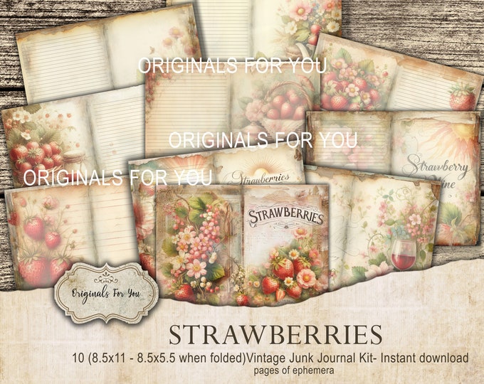 STRAWBERRIES, Spring, Antique, Vintage, Junk Journal Kit, flowers, Ephemera, Scrapbook, Printable, Digital, Download