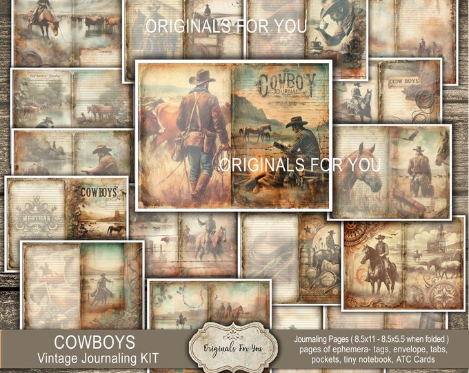 Vintage Cowboy Journaling Kit, Western Ephemera, Watercolor Style (Digital Download)