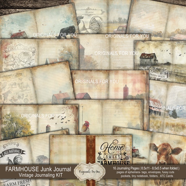 FARMHOUSE Vintage Journaling Kit, Vintage Journaling Kit, farm, farmhouse Ephemera, Fussy Cuts, Tags, Digital Download, Junk Journal Kit