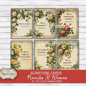 May include: Set of six scripture cards with floral designs. Each card features a quote from Proverbs 31, such as "She is noble" and "She is trustworthy." The cards are 2.5 x 3.5 inches.