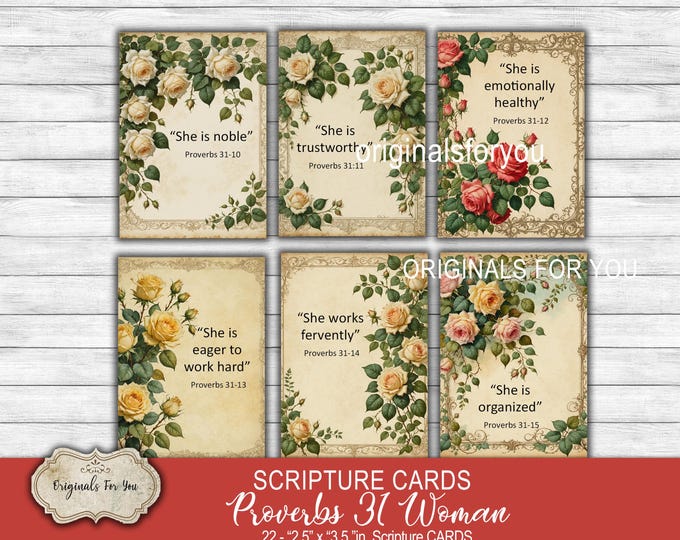 PROVERBS 31 WOMAN, Christian Printable Scripture cards, Watercolor, Digital, Printable Bible Verses, Prayer Cards, Shabby Roses