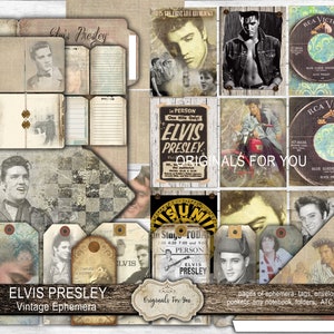 May include: Vintage ephemera kit featuring Elvis Presley images, including a record, a poster, and a photo of him on a motorcycle. The kit includes tags, envelopes, pockets, a tiny notebook, folders, and ATC cards.