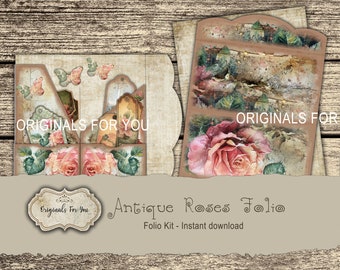 Vintage Roses Folio Kit - Junk Journal Papers, Shabby, Printable, Digital Download