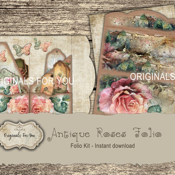 Vintage Roses Folio Kit - Junk Journal Papers, Shabby, Printable, Digital Download