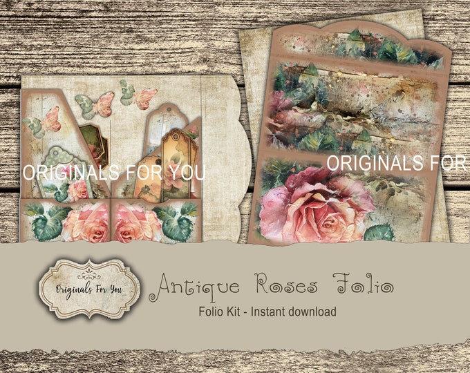 Vintage Roses Folio Kit - Junk Journal Papers, Shabby, Printable, Digital Download